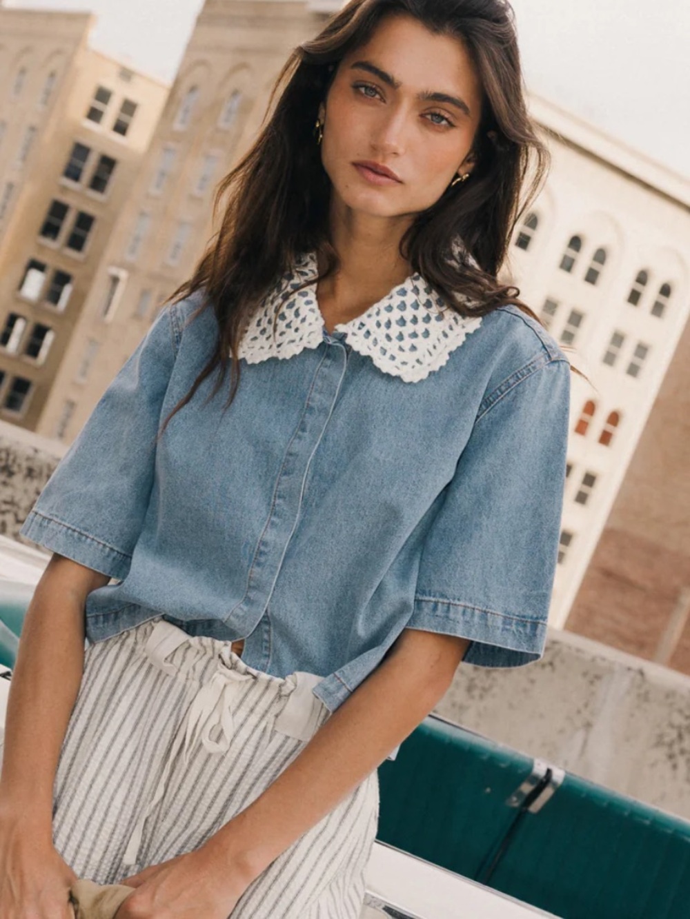 Bohme Denim Button-Up Top with Crochet Collar